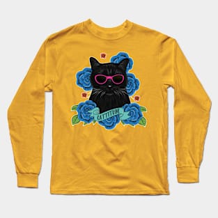 Cattitude cat with pink sunglasses and flowers Long Sleeve T-Shirt